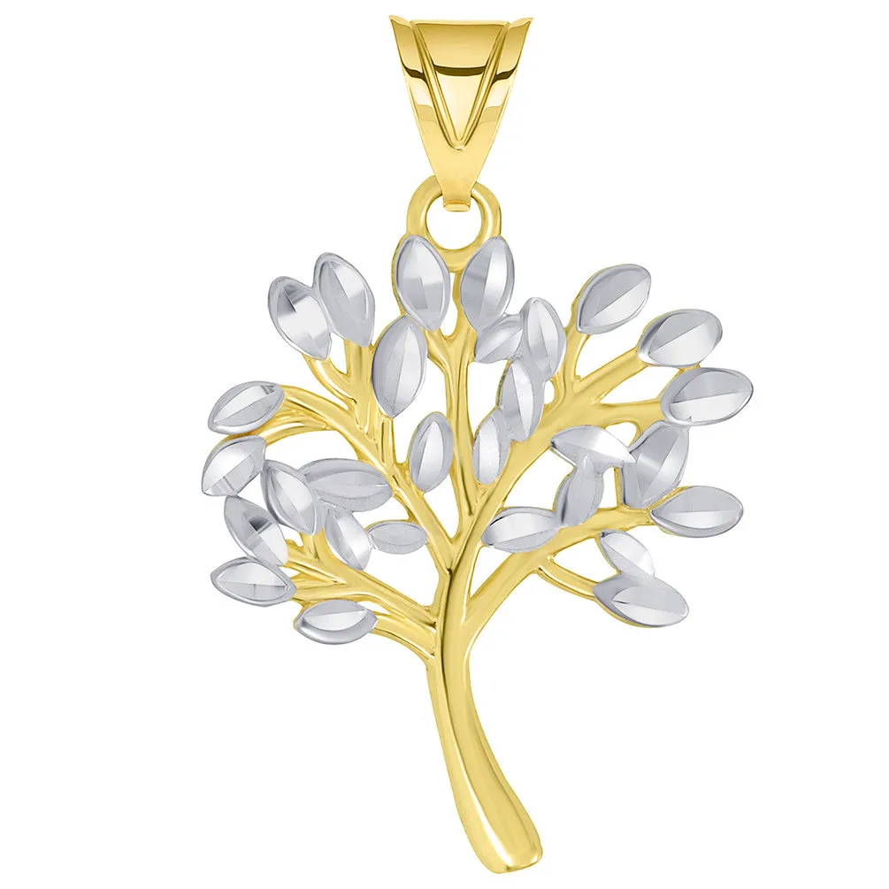 14k Solid Yellow Gold Textured Two Tone Tree of Life Pendant Necklace Available with Cable Chain