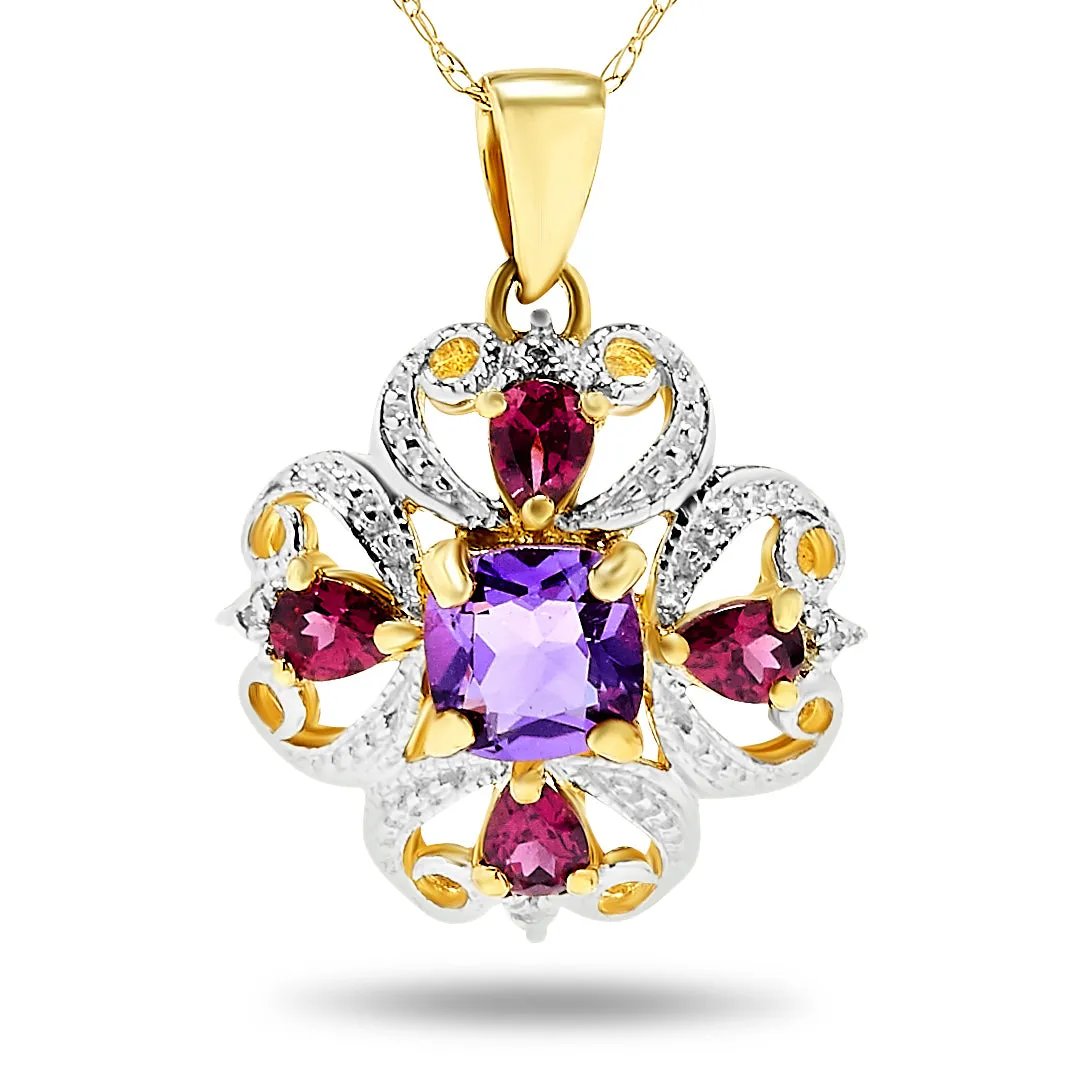 14k Two-Tone White and Yellow Amethyst and Pink Tourmaline Pendant Necklace