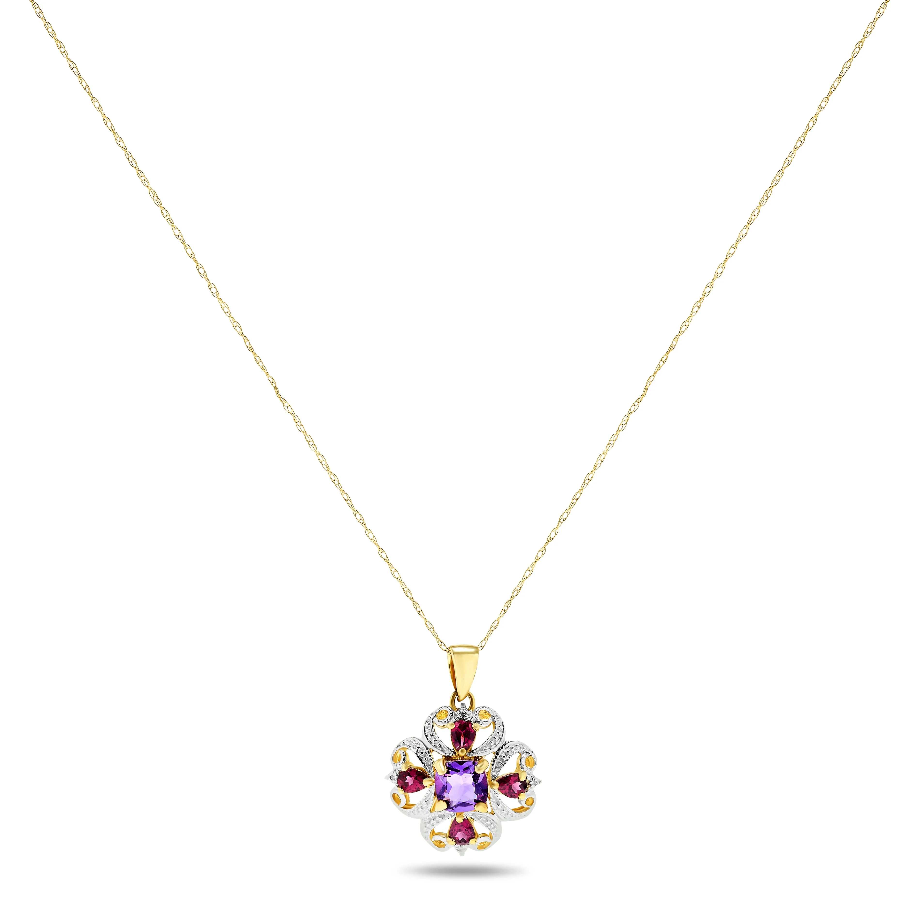 14k Two-Tone White and Yellow Amethyst and Pink Tourmaline Pendant Necklace