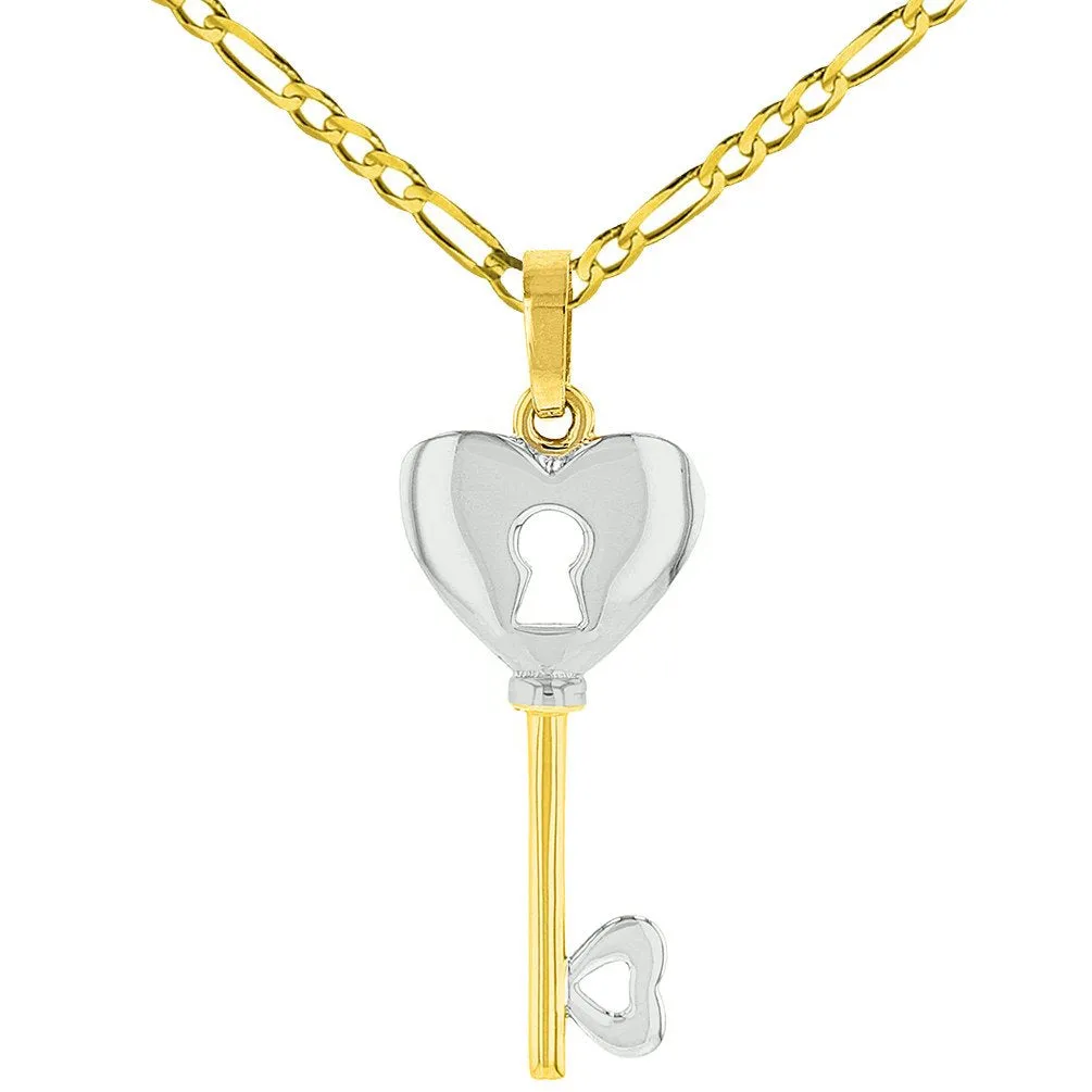 14K Yellow Gold Polished Key to My Heart Love Pendant with Figaro Chain Necklace