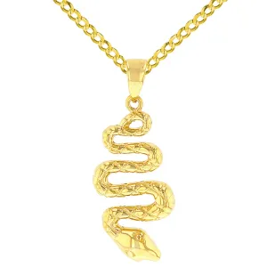 14K Yellow Gold Polished Snake Charm Animal Pendant with Cuban Chain Necklace