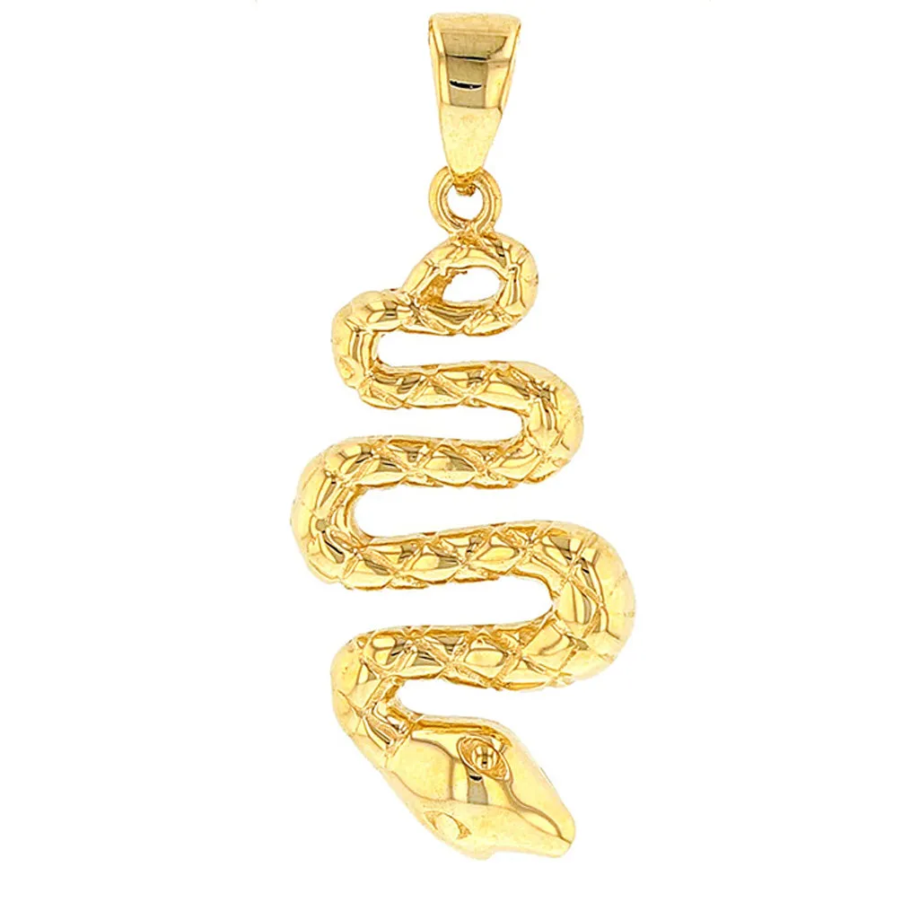 14K Yellow Gold Polished Snake Charm Animal Pendant with Cuban Chain Necklace