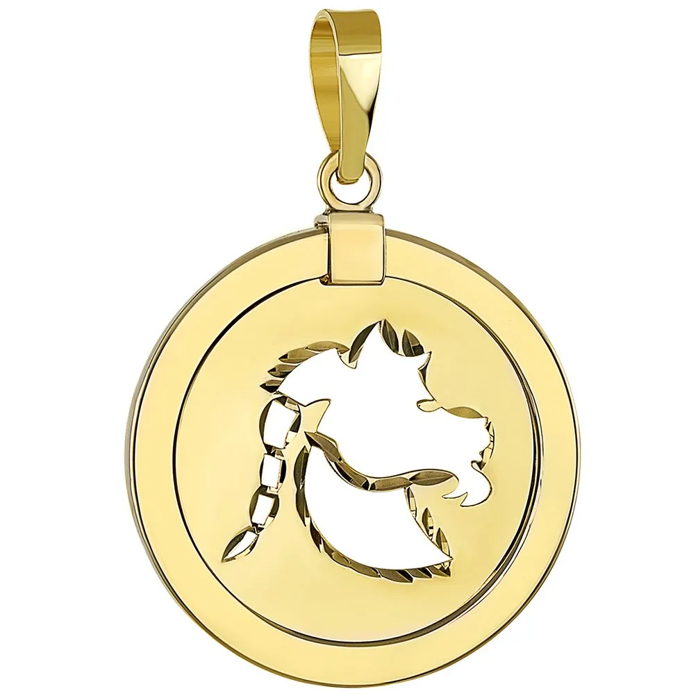 14K Yellow Gold Reversible Round Capricorn Goat Zodiac Sign Pendant with Chain Necklace