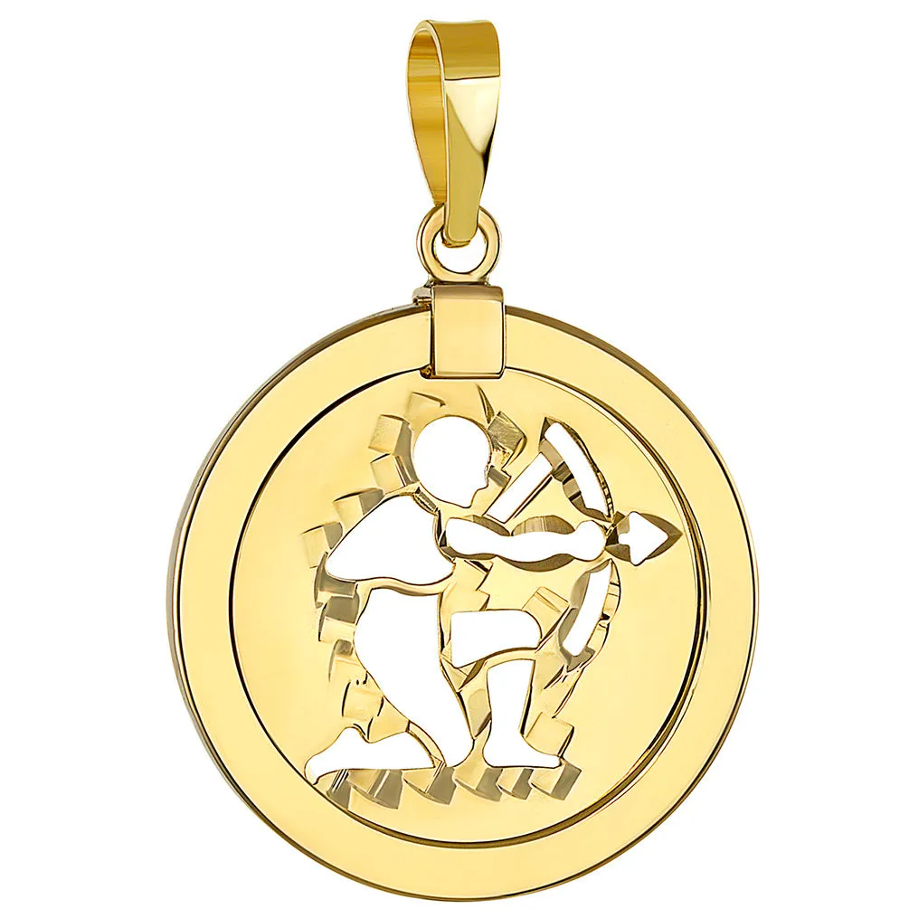 14K Yellow Gold Reversible Round Sagittarius Zodiac Sign Pendant with Cuban Chain Necklace