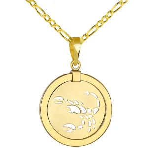 14K Yellow Gold Reversible Round Scorpion Scorpio Zodiac Sign Pendant with Figaro Chain Necklace