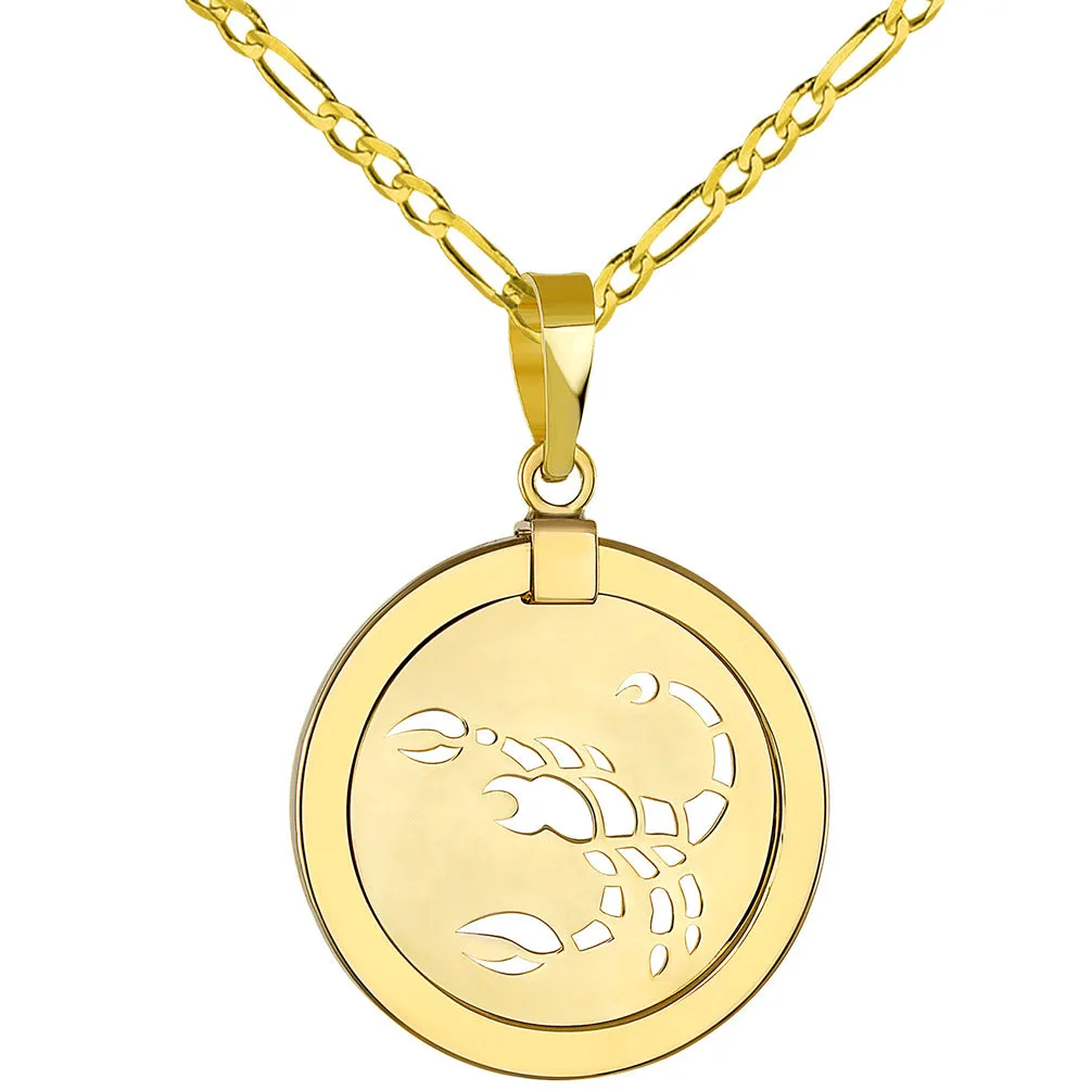 14K Yellow Gold Reversible Round Scorpion Scorpio Zodiac Sign Pendant with Figaro Chain Necklace