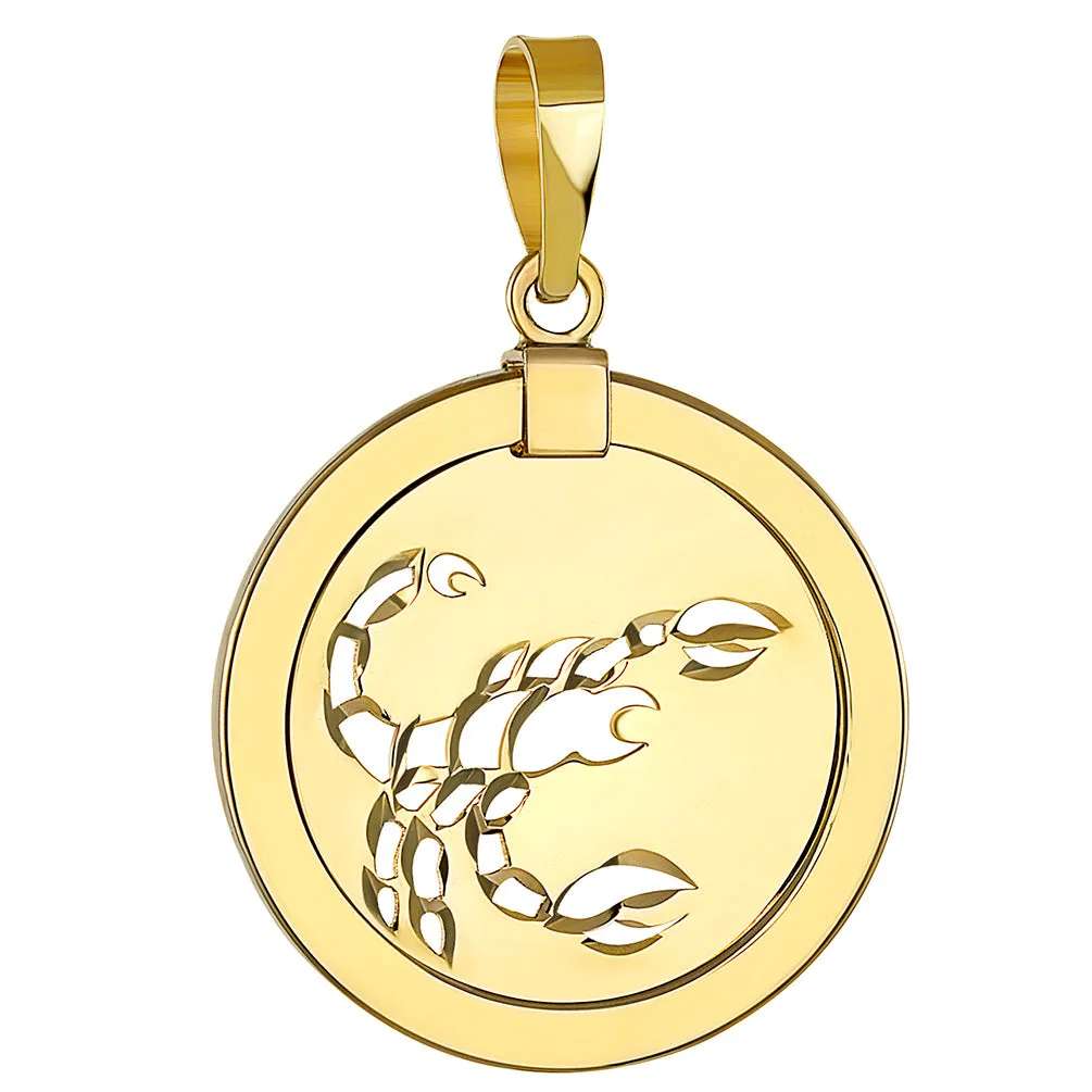 14K Yellow Gold Reversible Round Scorpion Scorpio Zodiac Sign Pendant with Figaro Chain Necklace