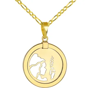 14K Yellow Gold Reversible Round Virgo Zodiac Sign Pendant with Figaro Chain Necklace