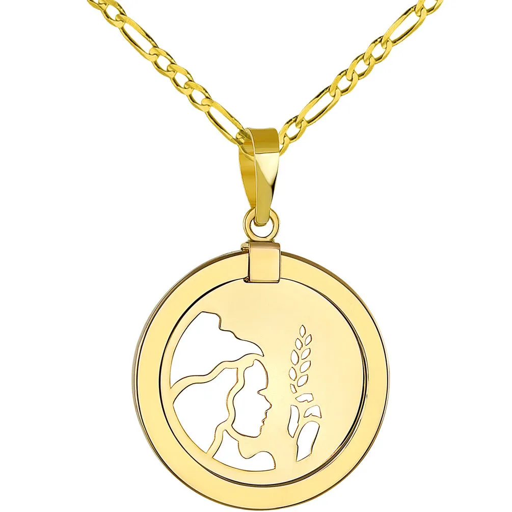 14K Yellow Gold Reversible Round Virgo Zodiac Sign Pendant with Figaro Chain Necklace