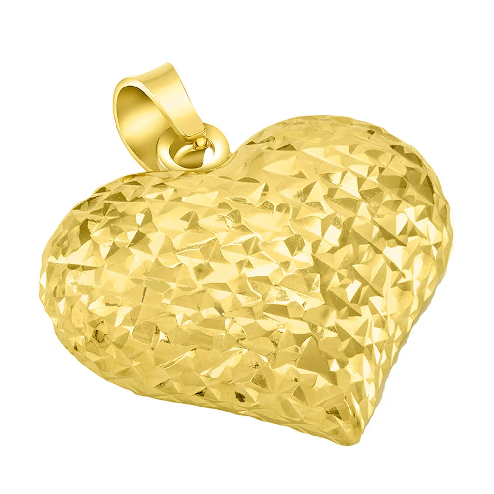 14k Yellow Gold Sparkle Cut Puffed Heart Charm Pendant Necklace