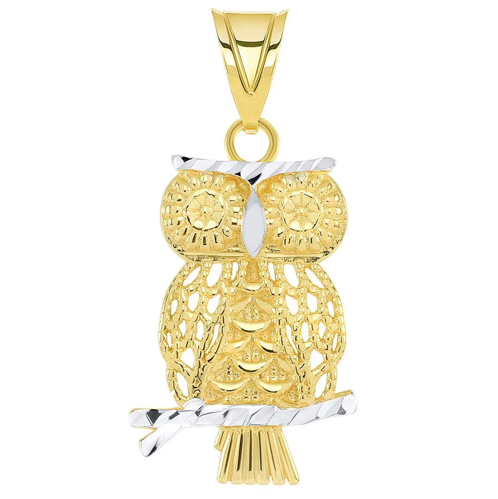 14K Yellow Gold Textured Milgrain Edged Two-Tone Owl Pendant Curb Chain Necklace