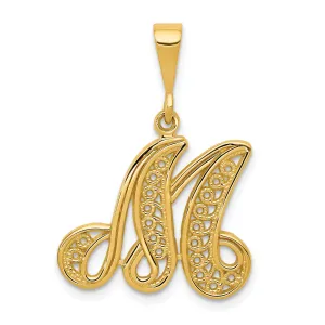 14K Yellow GoldFancy Filigree Script Design Letter M Initial Pendant