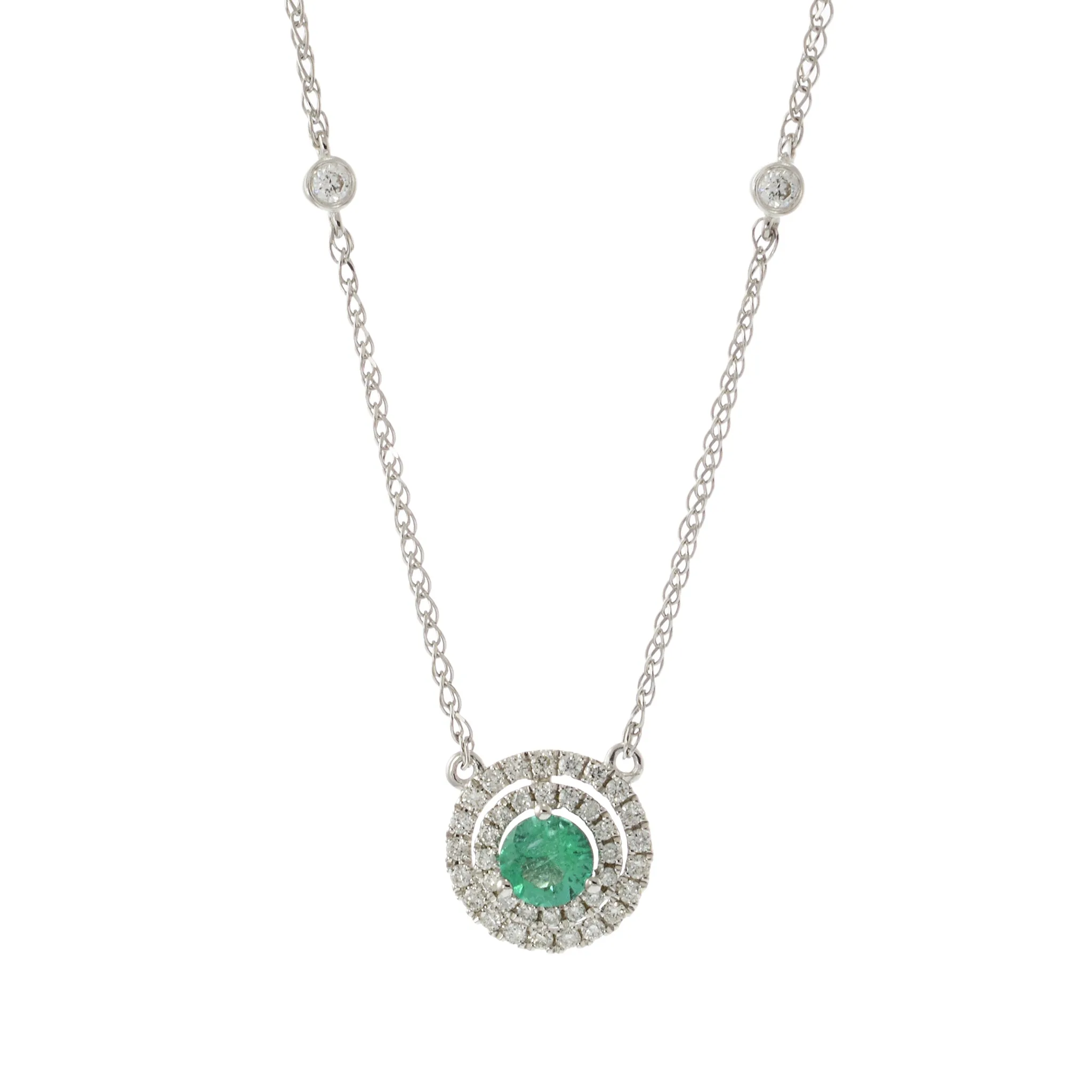 14KT White Gold Emerald and Diamond Halo Necklace