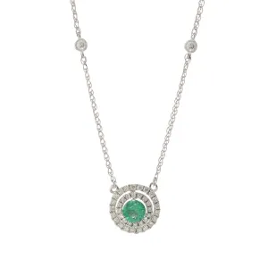 14KT White Gold Emerald and Diamond Halo Necklace