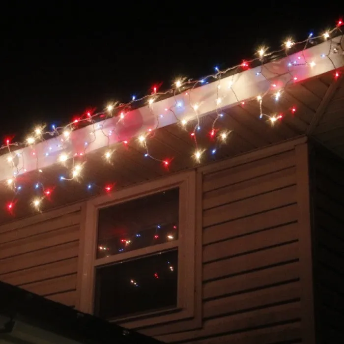 150-bulb Red White Blue Glass Icicle Lights, White Wire