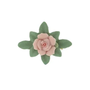 1928 Jewelry Pink Porcelain Rose And Green Leaf Bar Pin