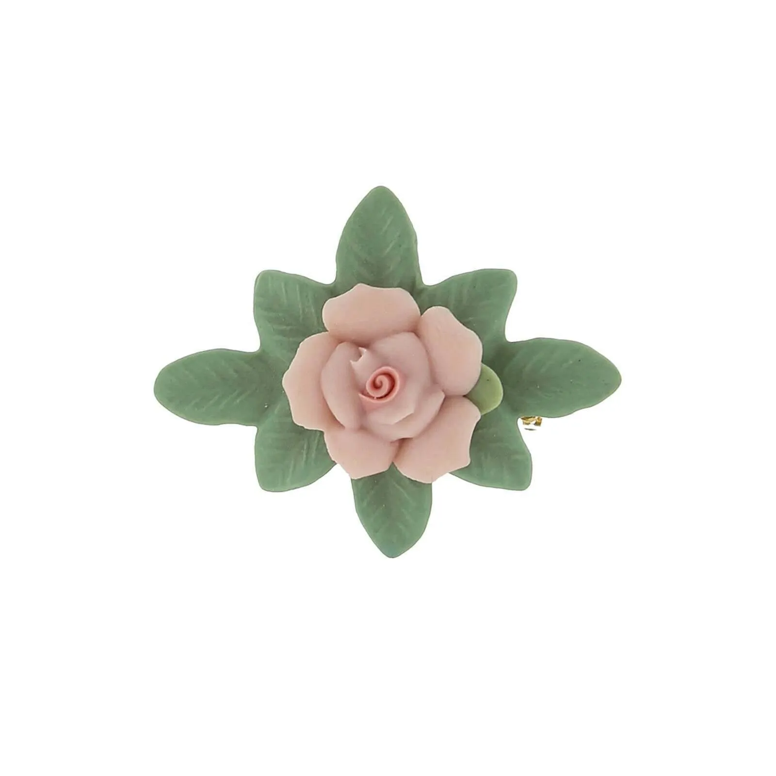 1928 Jewelry Pink Porcelain Rose And Green Leaf Bar Pin