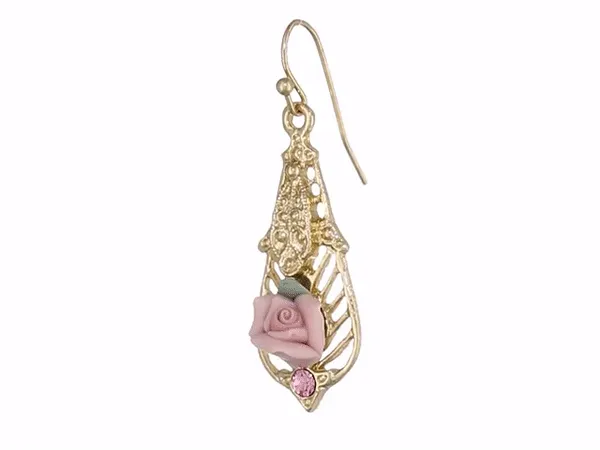 1928 Jewelry Pink Porcelain Rose With Pink Accent Drop Earrings