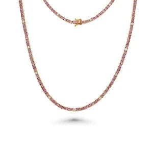 Alternate Diamonds & Pink Sapphire Tennis Necklace ( 12.50 ct.) 3 mm 4-Prongs Setting in 14K Gold