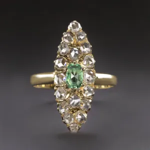 ANTIQUE NAVETTE RING EMERALD DIAMOND VICTORIAN 18k YELLOW GOLD COCKTAIL NATURAL