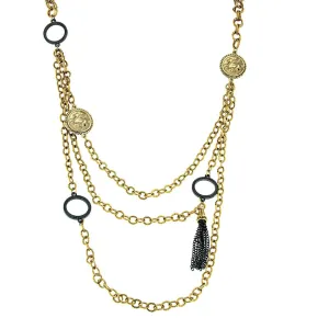 Antiquities Couture Round Black Rings & Gold Pegasus Linking Layered Chain Necklace 30"