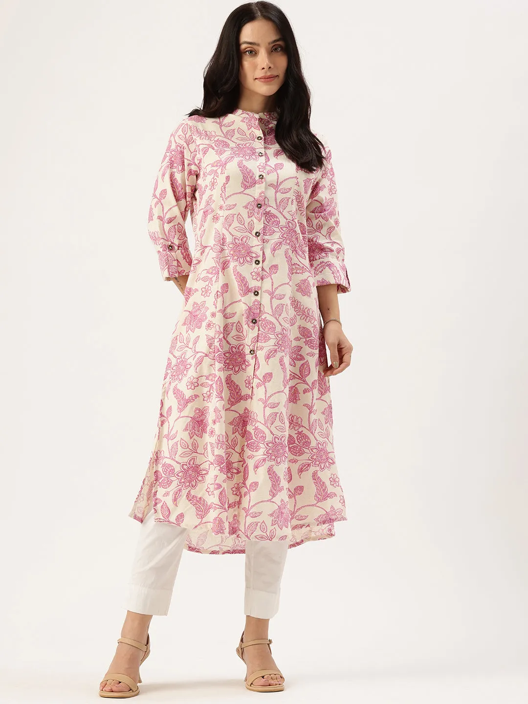 Beige & Pink Floral Printed Kurta