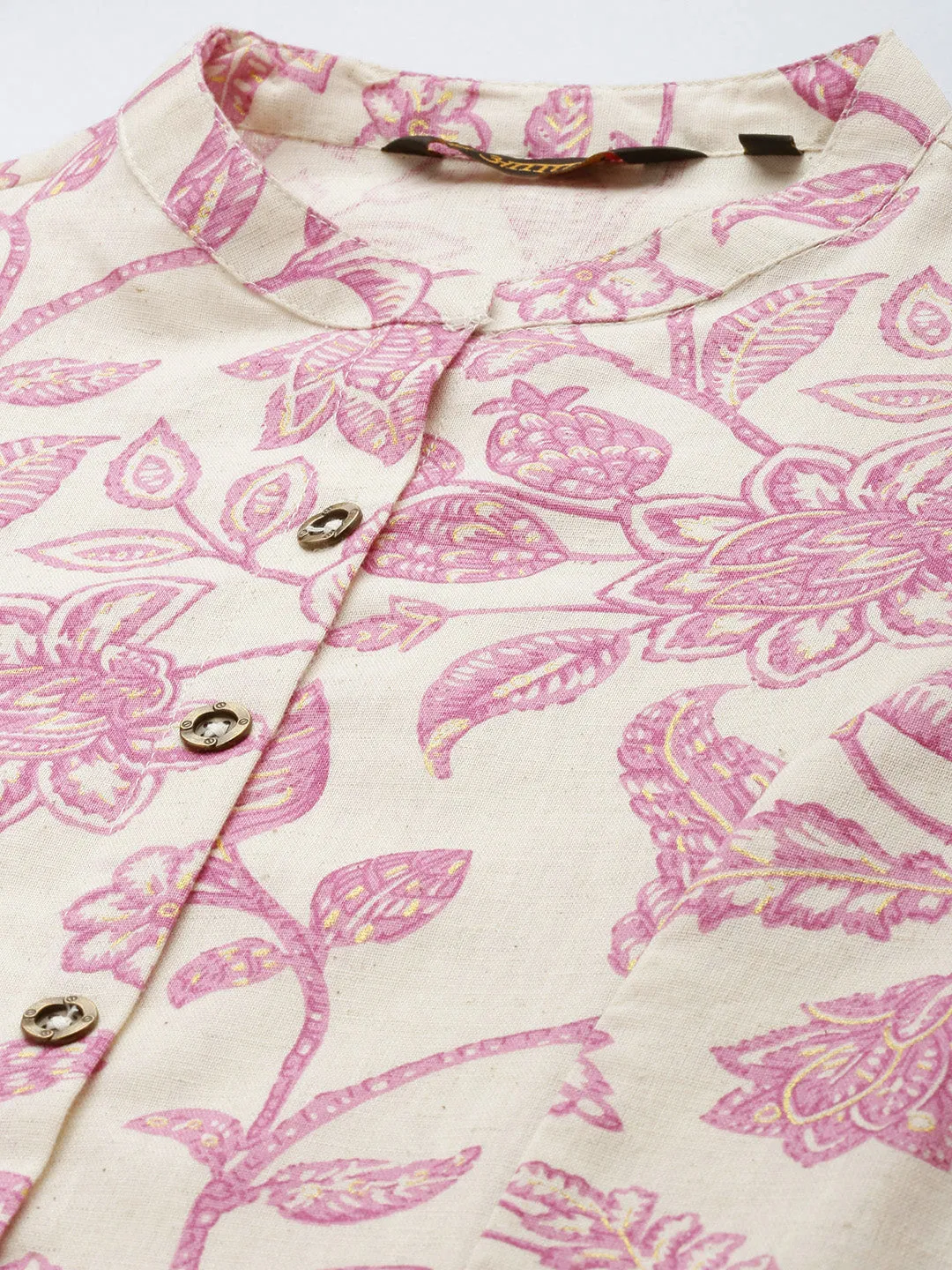 Beige & Pink Floral Printed Kurta