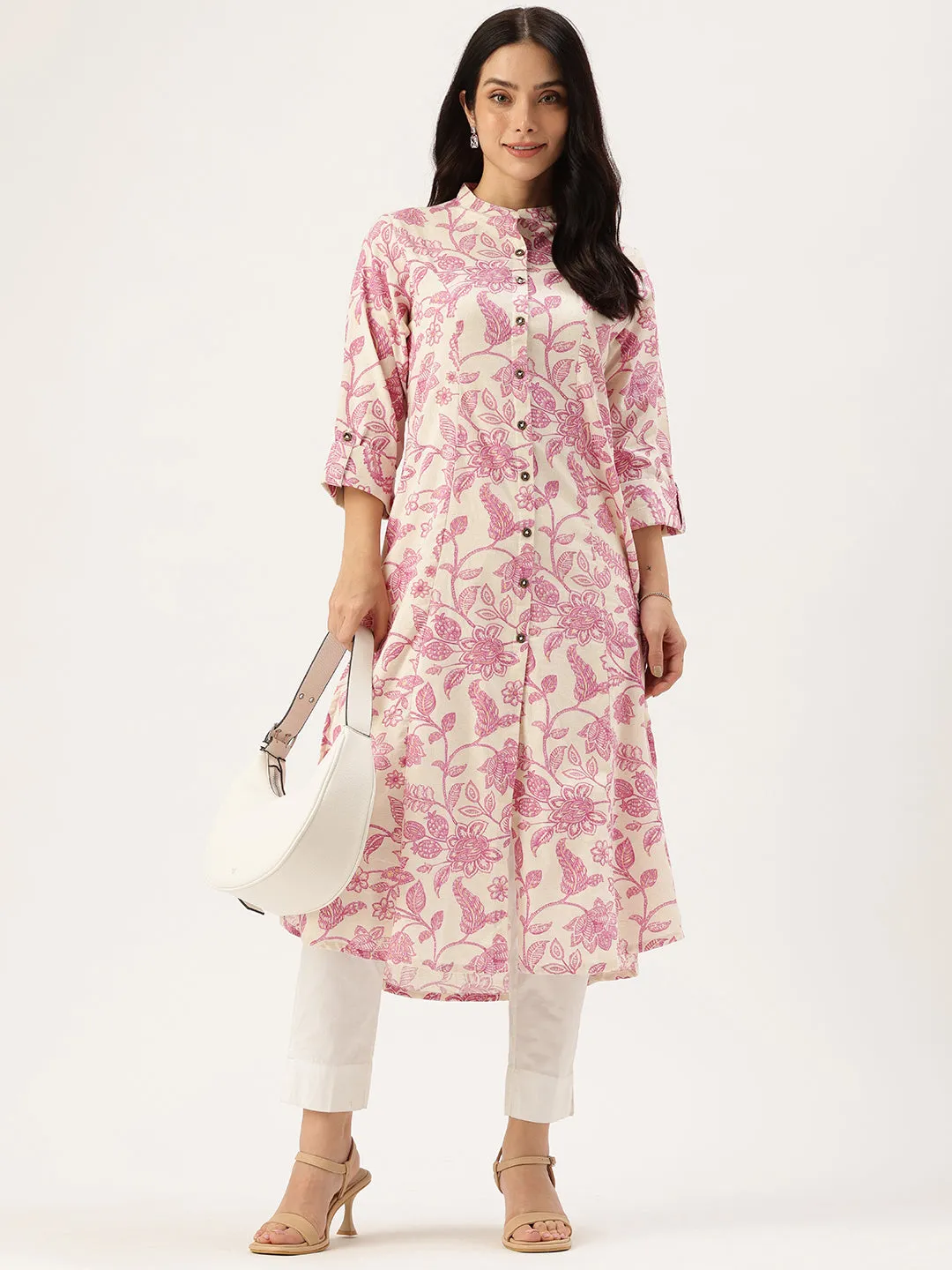 Beige & Pink Floral Printed Kurta