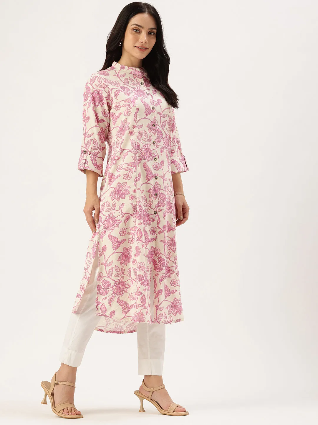 Beige & Pink Floral Printed Kurta