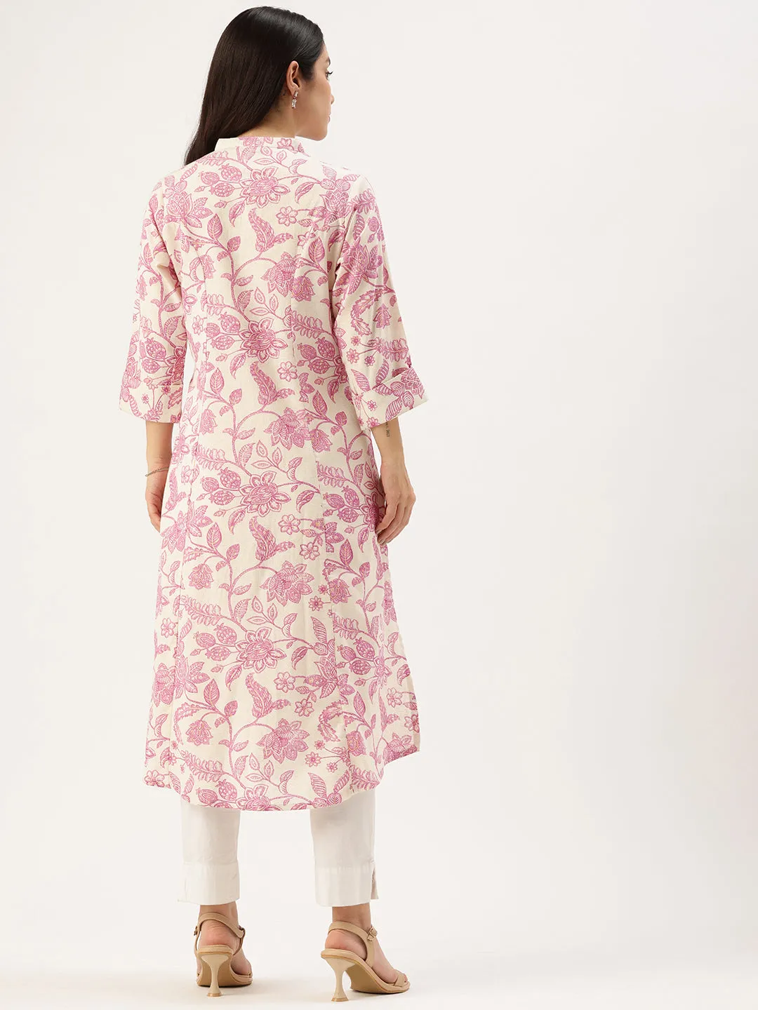 Beige & Pink Floral Printed Kurta