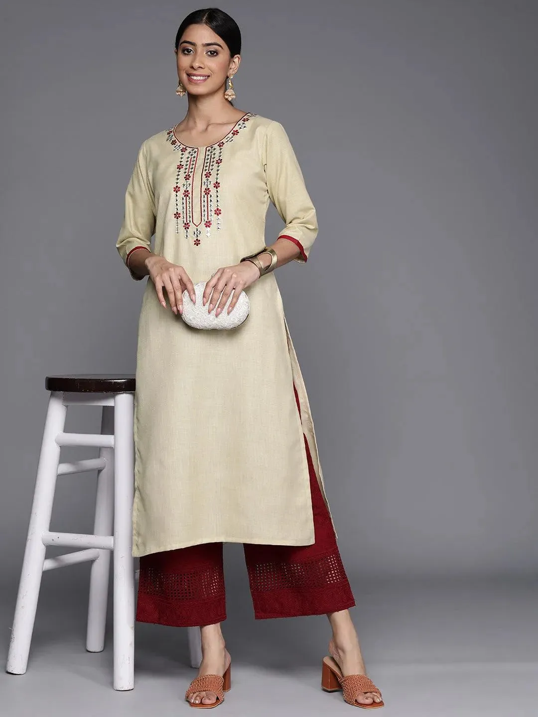 Beige Embroidered Cotton Straight Kurta