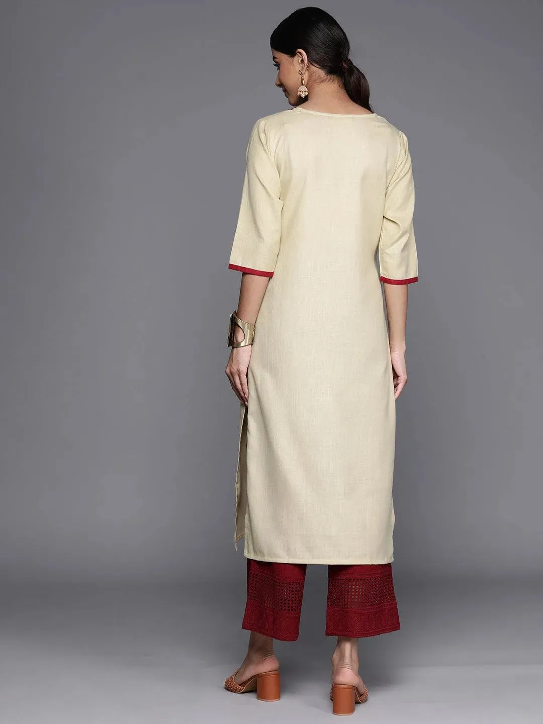 Beige Embroidered Cotton Straight Kurta