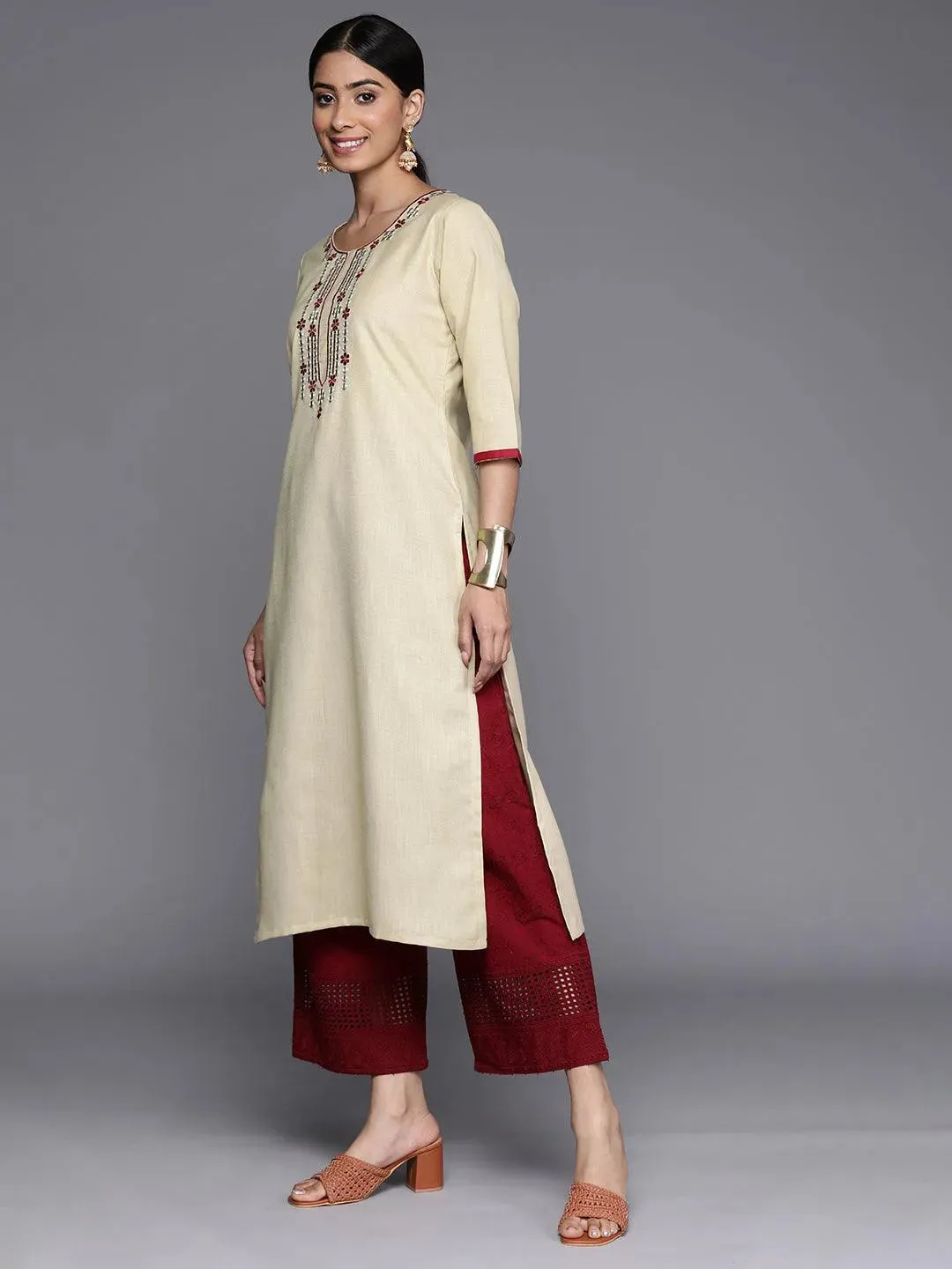 Beige Embroidered Cotton Straight Kurta