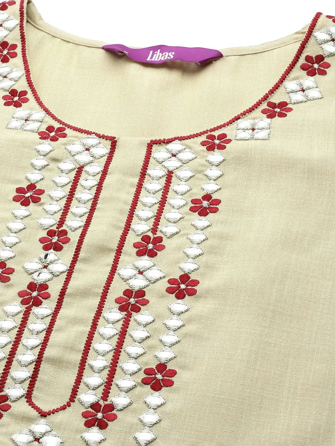 Beige Embroidered Cotton Straight Kurta