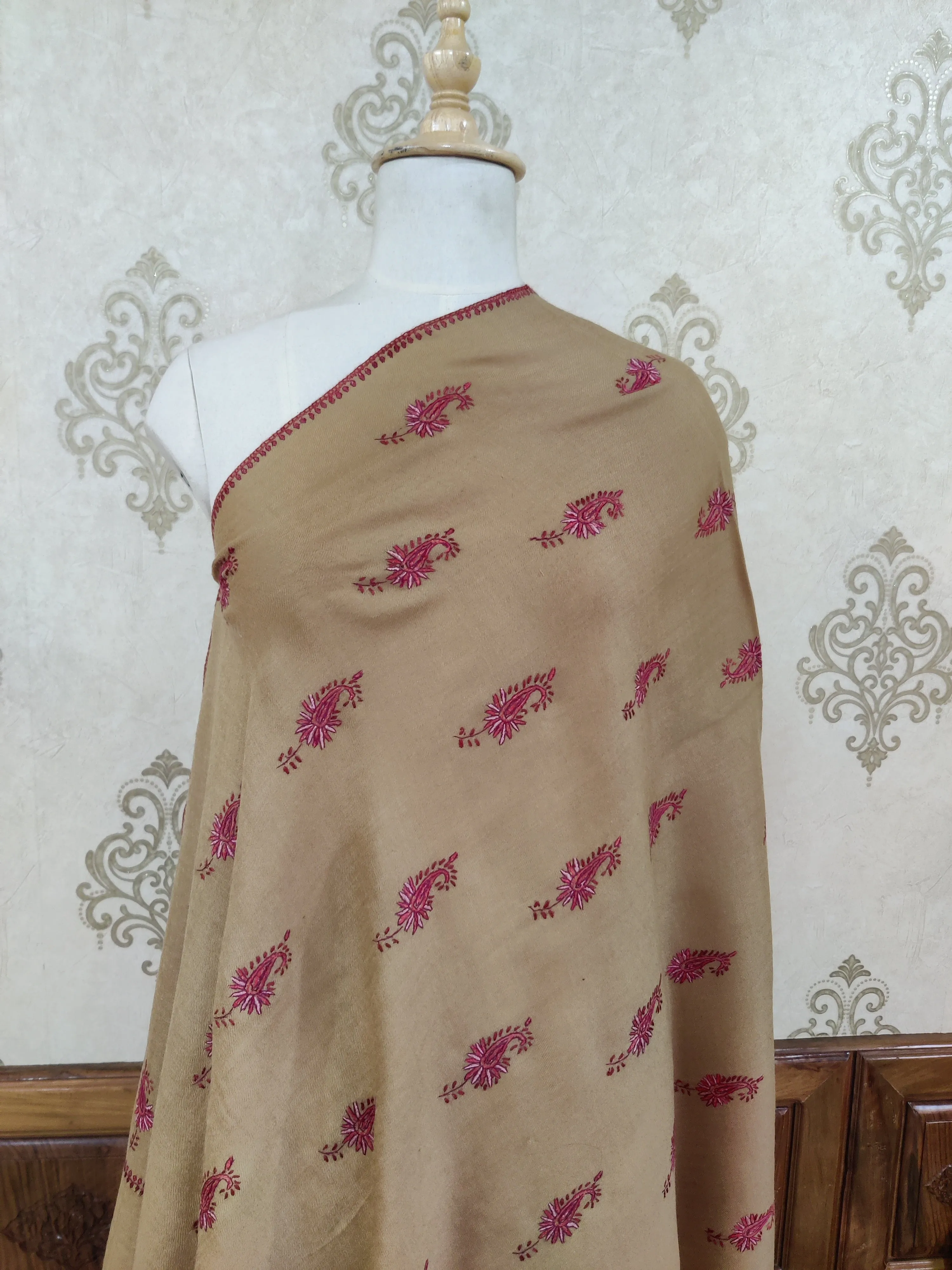 Beige Merino Wool Shawl with Delicate 128 Pink motifs Sozni Hand Embroidery