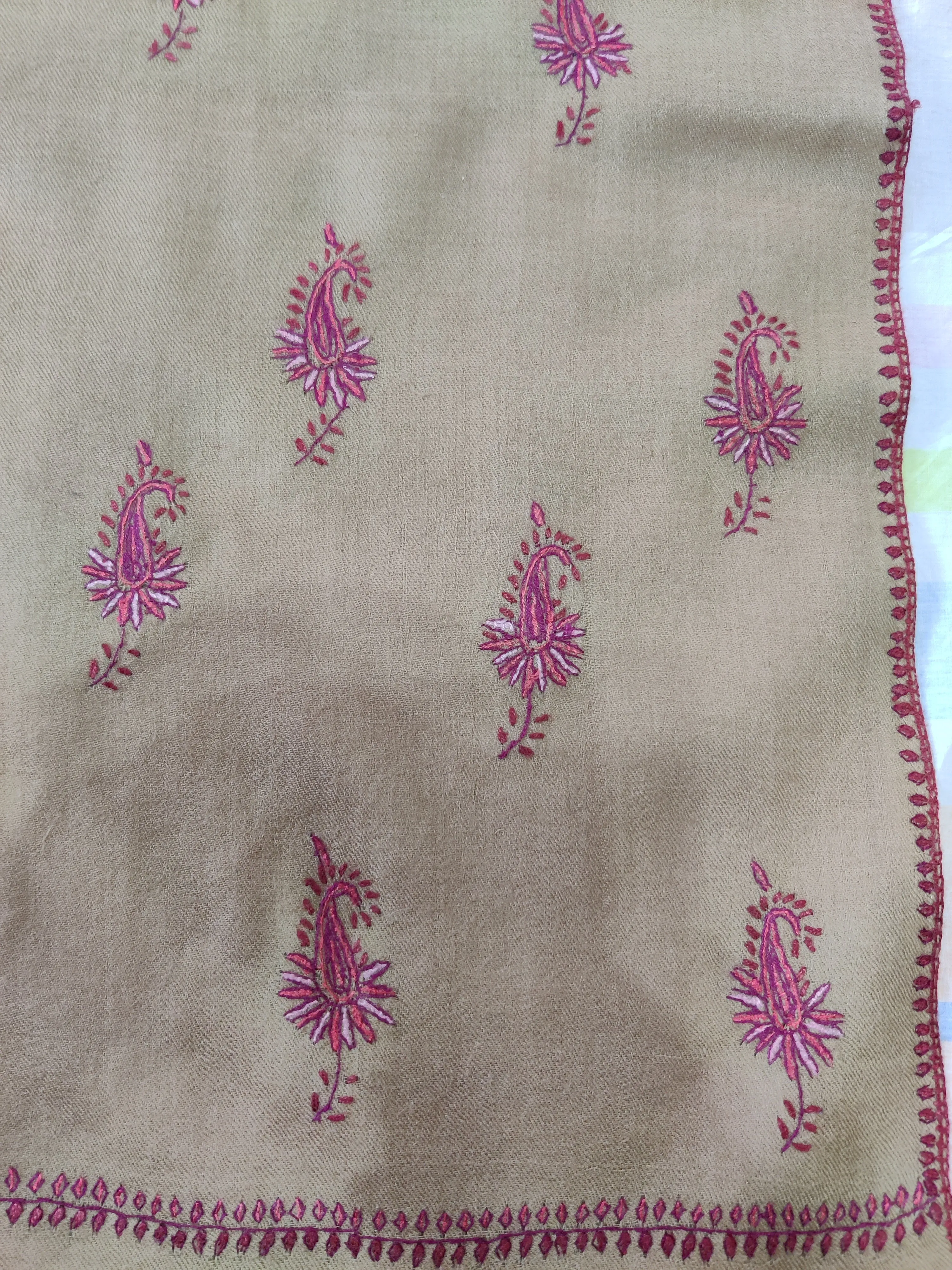 Beige Merino Wool Shawl with Delicate 128 Pink motifs Sozni Hand Embroidery