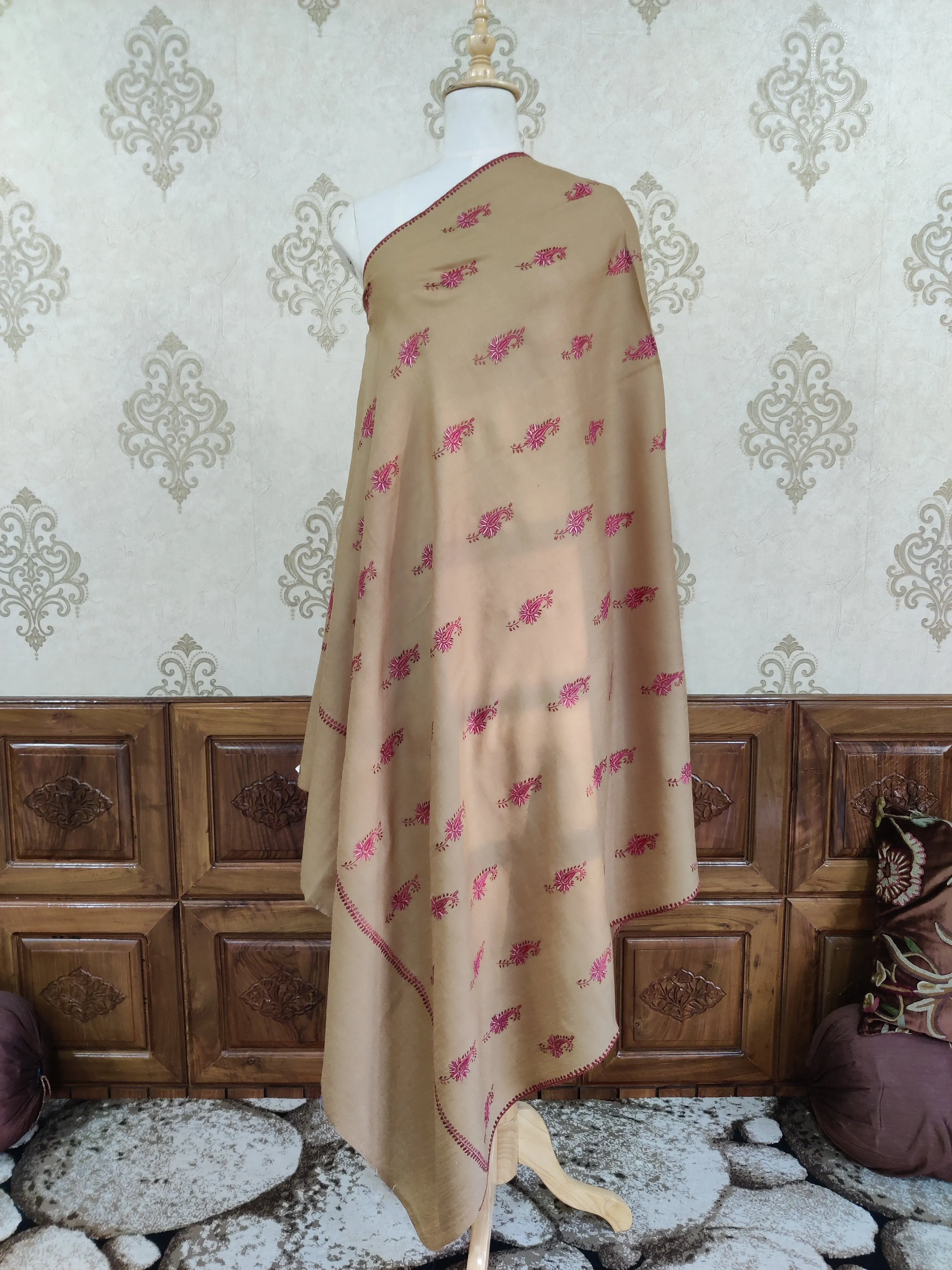 Beige Merino Wool Shawl with Delicate 128 Pink motifs Sozni Hand Embroidery