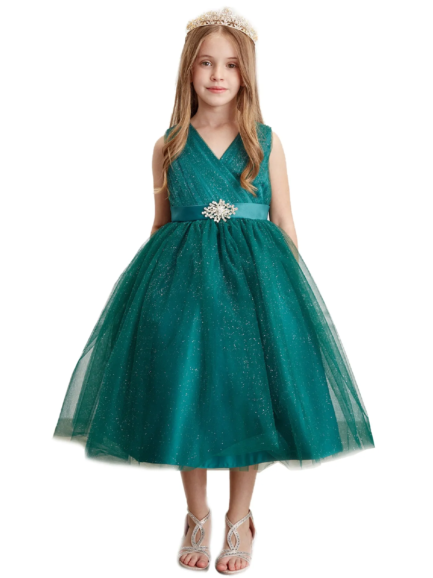 Big Girls Emerald Green Satin Sash Pleated Tulle Junior Bridesmaid Dress 8-16