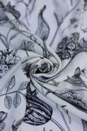 Black and Ivory Intricate Floral Pattern Printed Natural Muslin Silk Fabric