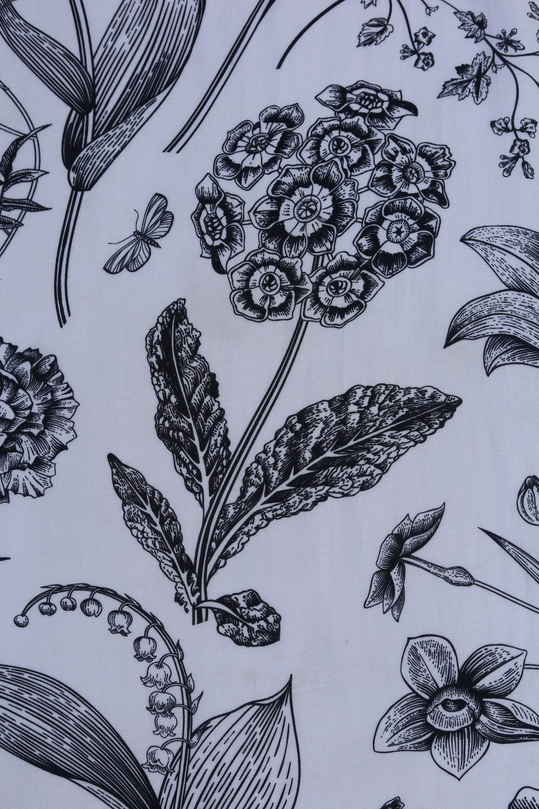 Black and Ivory Intricate Floral Pattern Printed Natural Muslin Silk Fabric