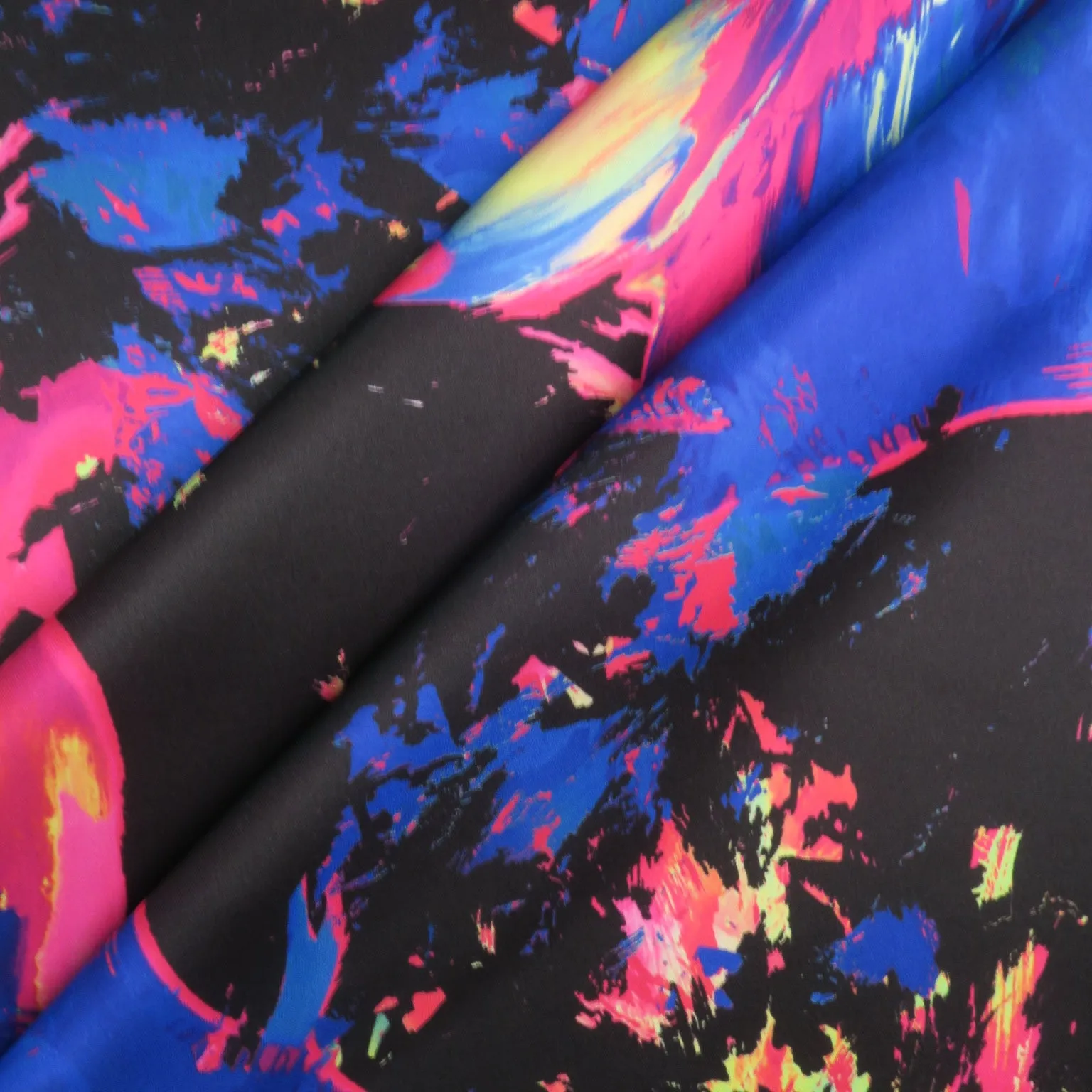 Blue and Fuchsia Floral on Black Background Printed Polyester Mikado Fabric