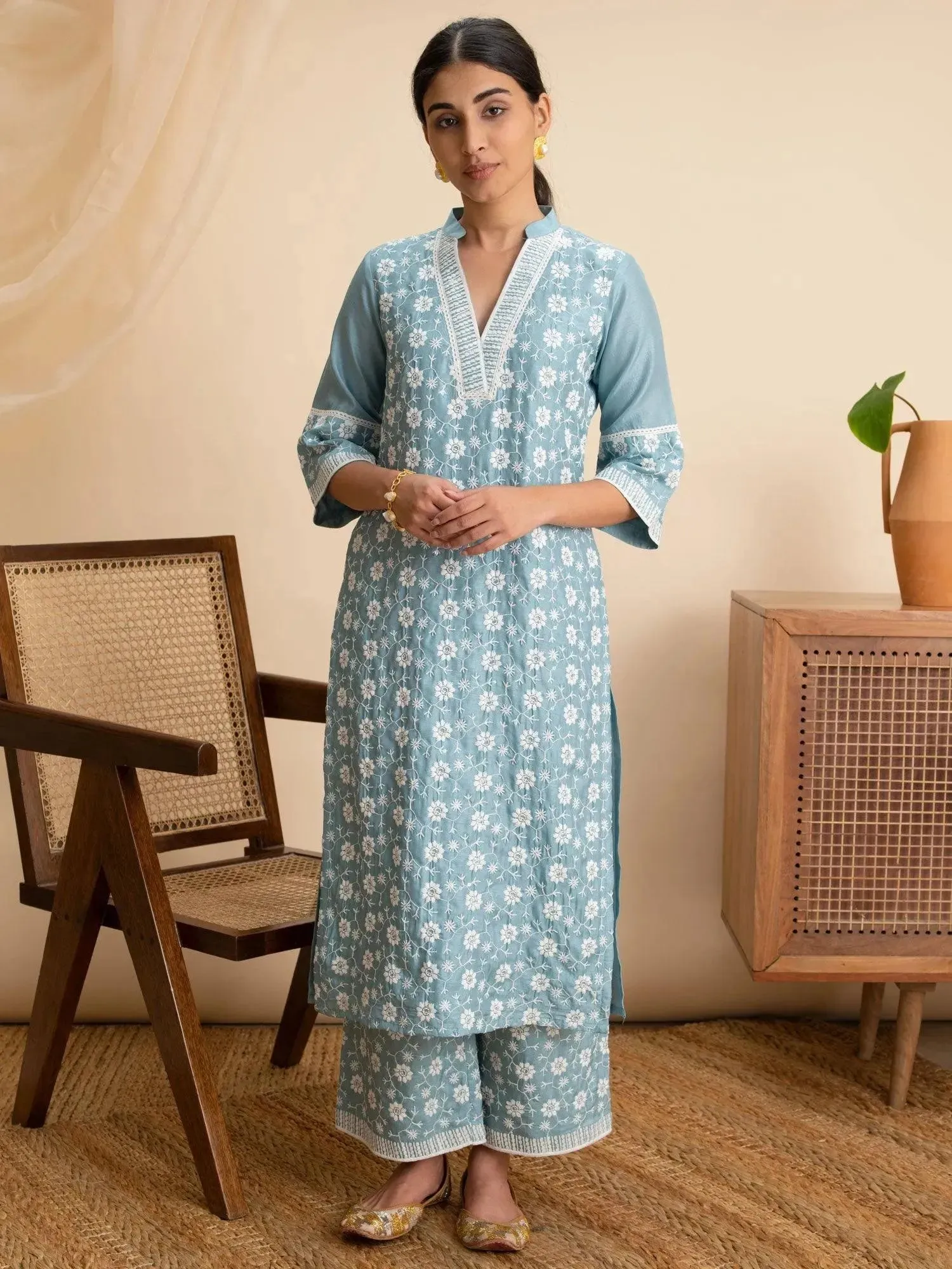 Blue Embroidered Silk Kurta