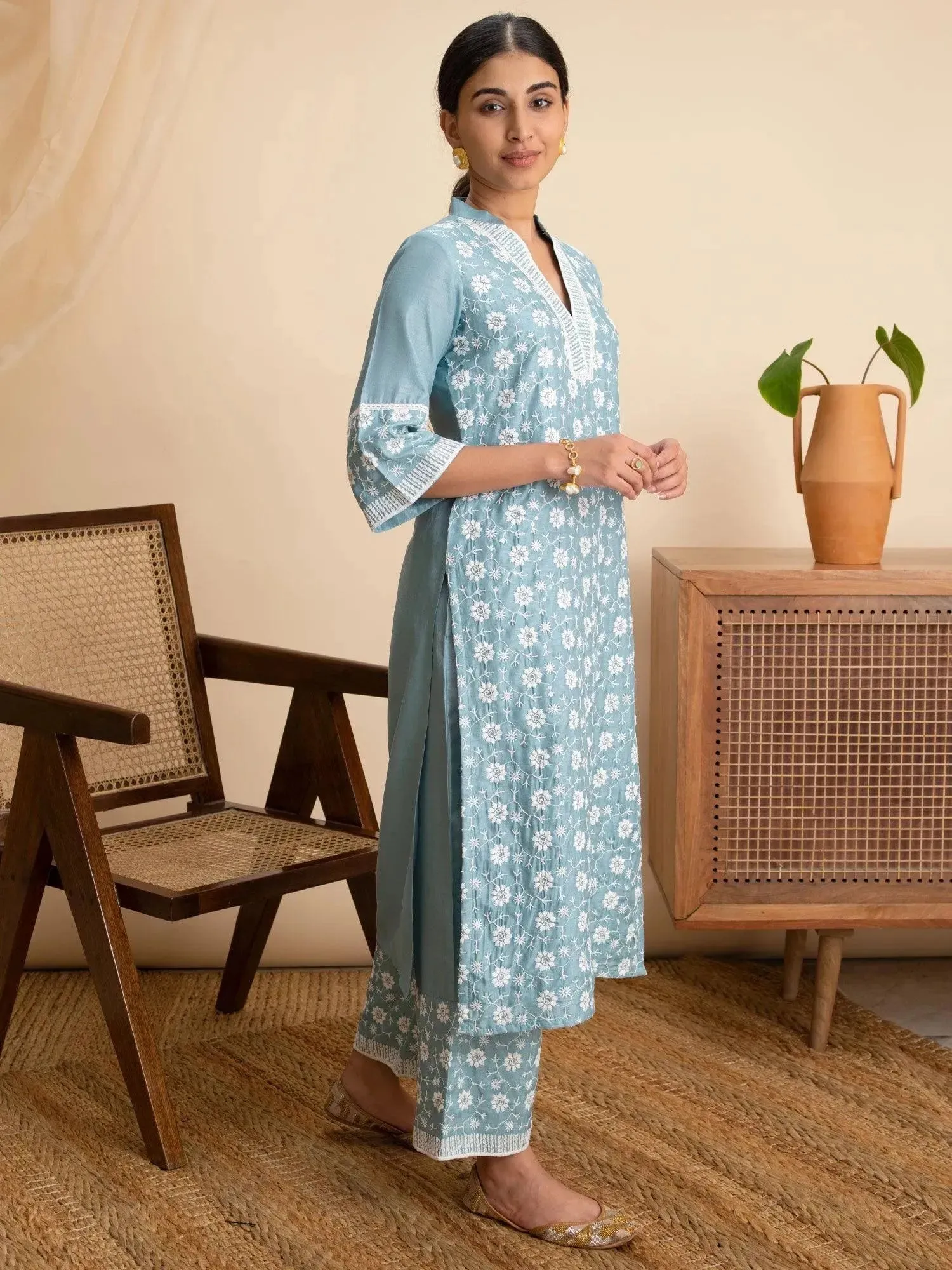 Blue Embroidered Silk Kurta