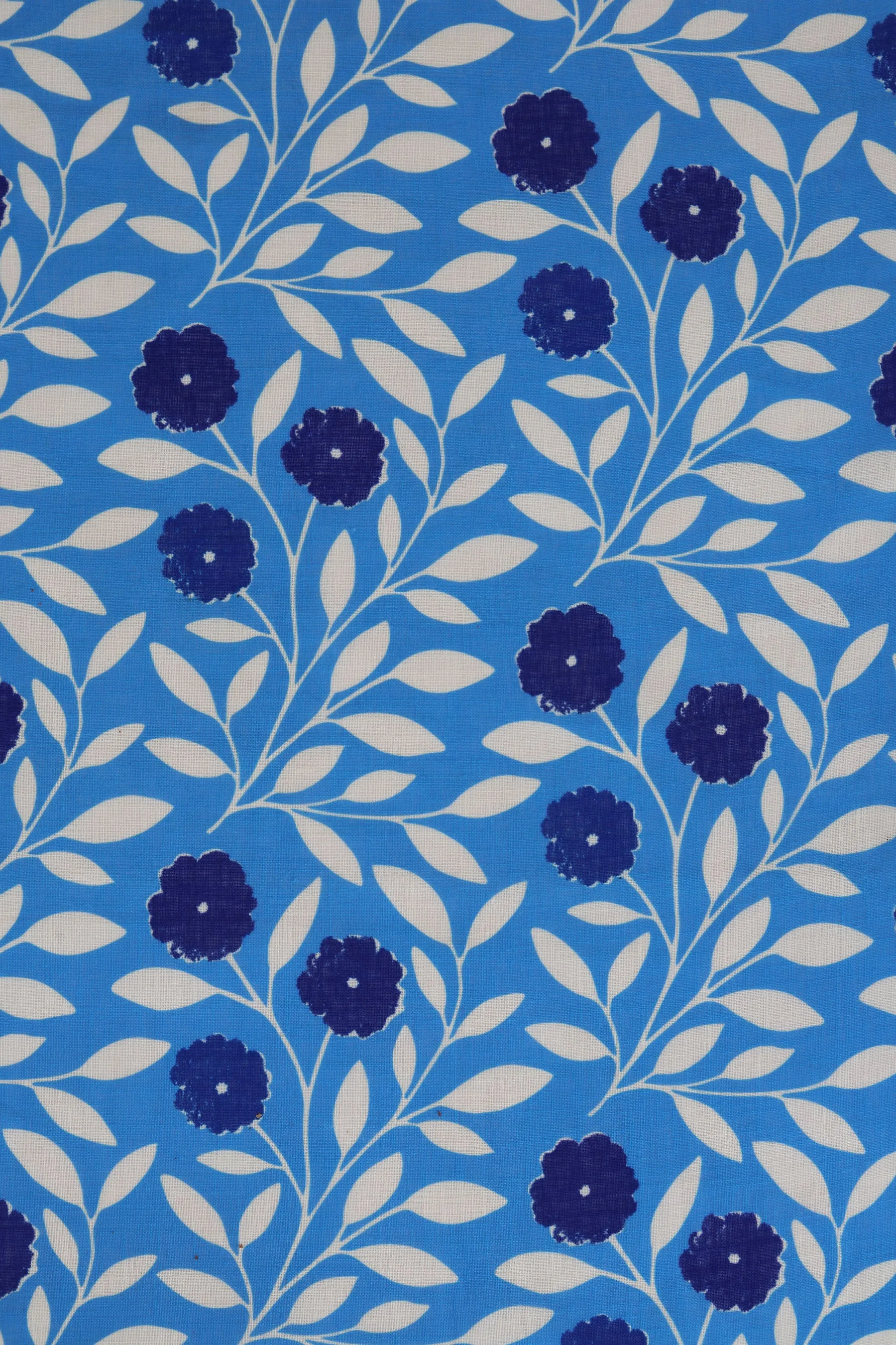 Blue Floral Pattern Printed Eco Poly Linen Fabric