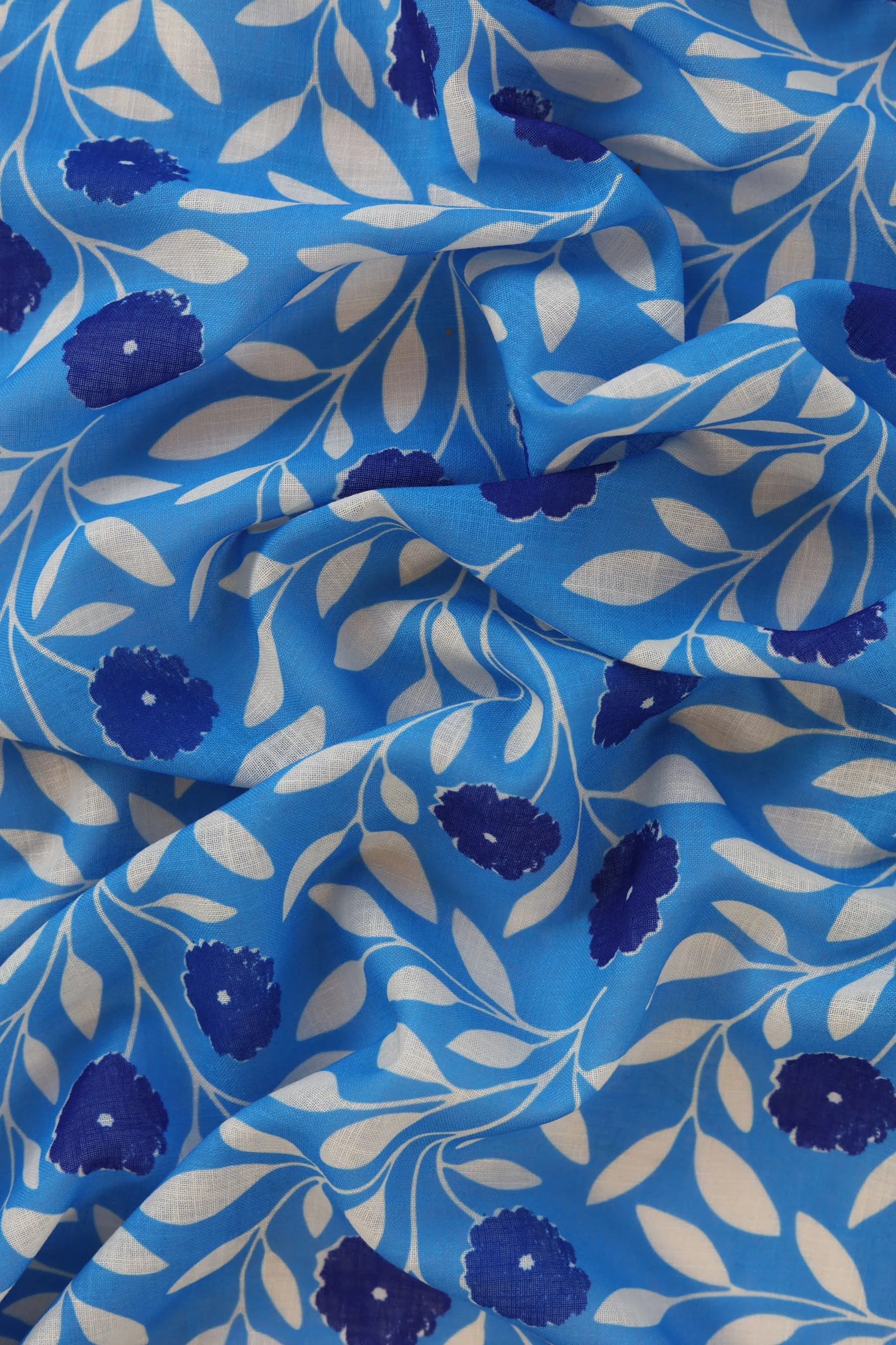 Blue Floral Pattern Printed Eco Poly Linen Fabric