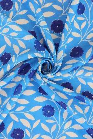 Blue Floral Pattern Printed Eco Poly Linen Fabric