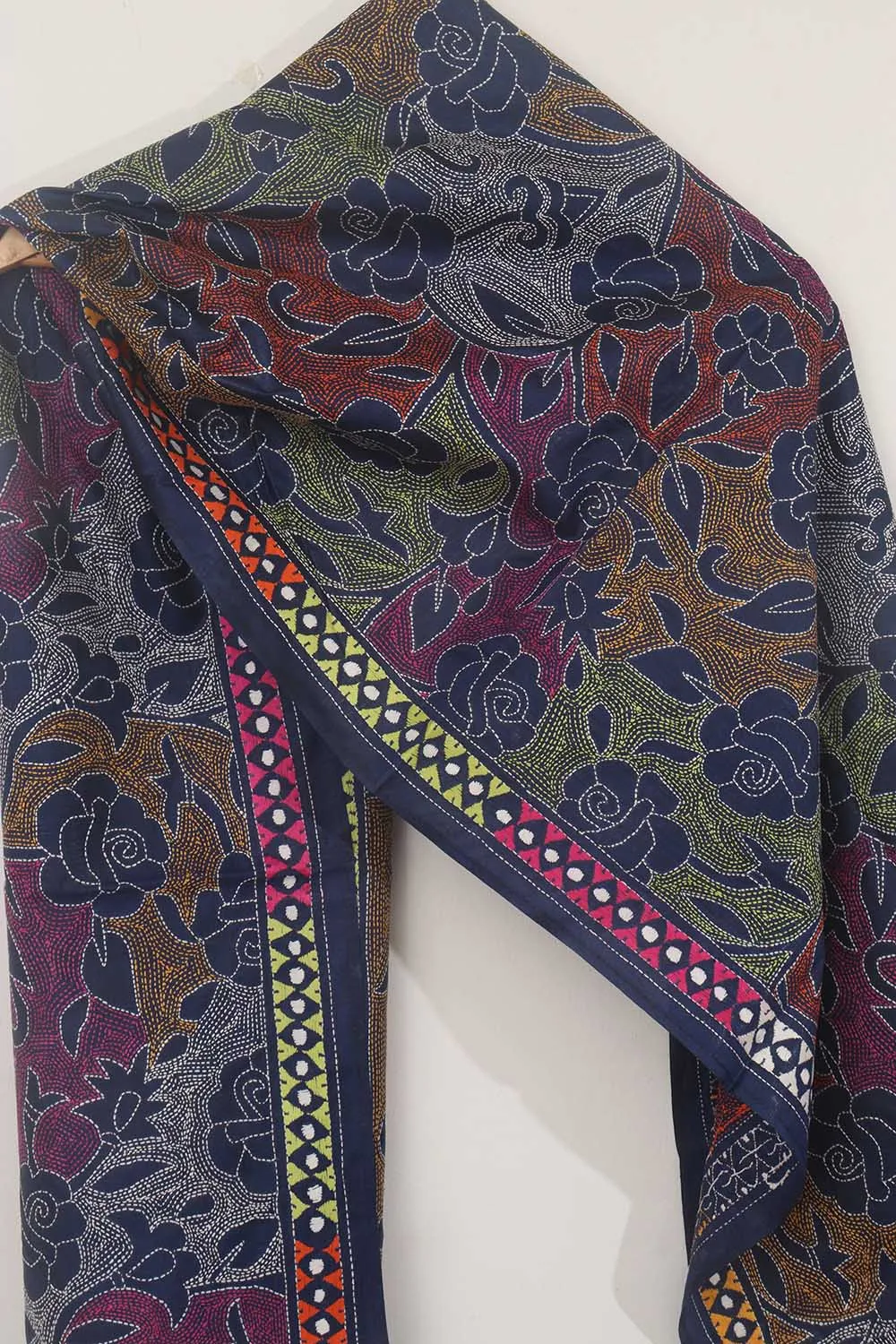 Blue Silk Stole with Hand Embroidery: Kantha Bangalore Beauty