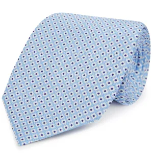 Blue White Flower Geometric Print Silk Tie