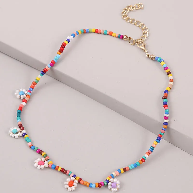 Boho Handmade Colorful Flower Rainbow Beaded Choker Necklaces