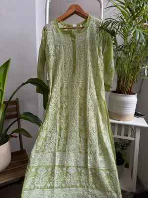 Chikankari Resham Jaal Kurti - Green